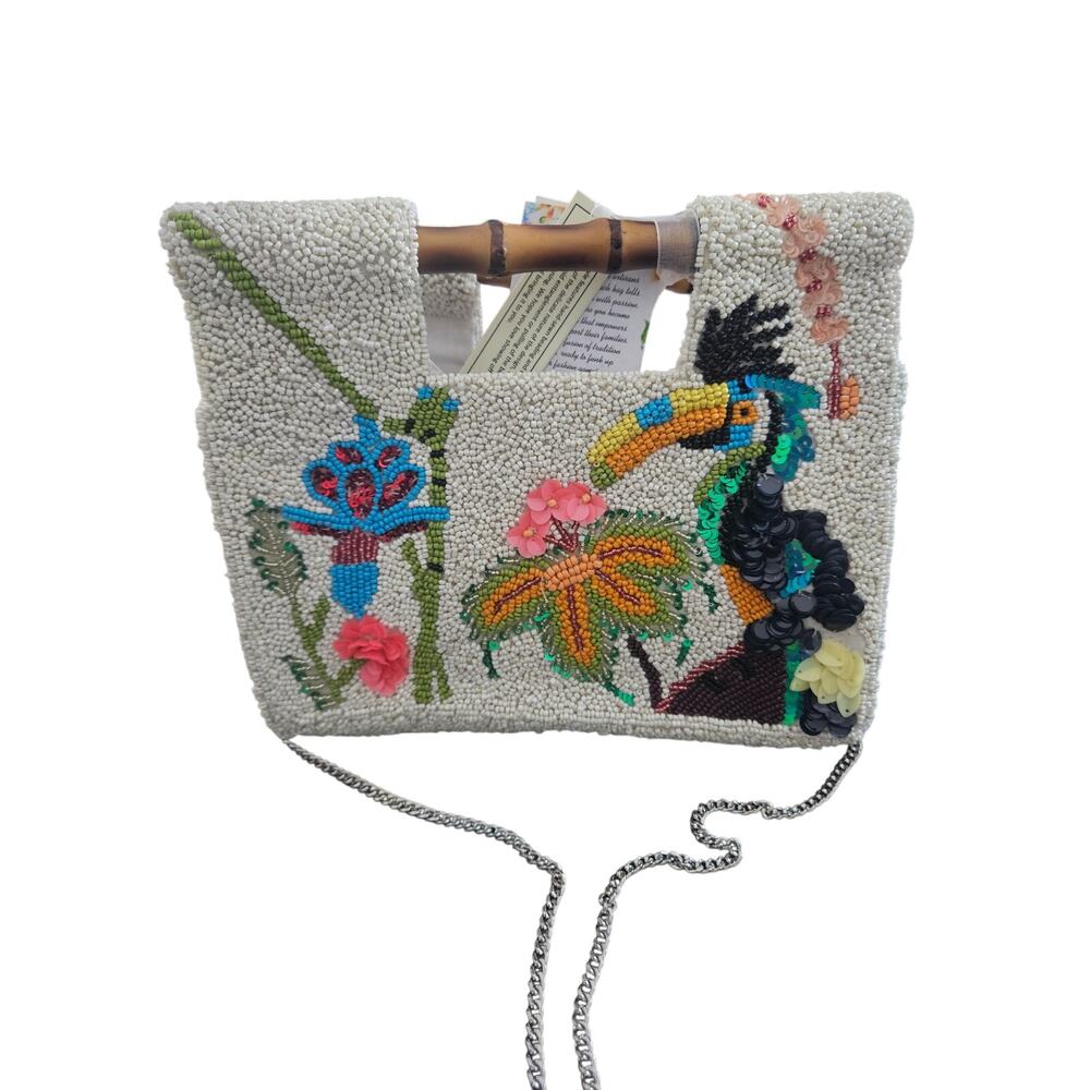 Handcrafted Beaded Tropical Floral Toucan Clutch Bag Purse Crossbody Strap NWT